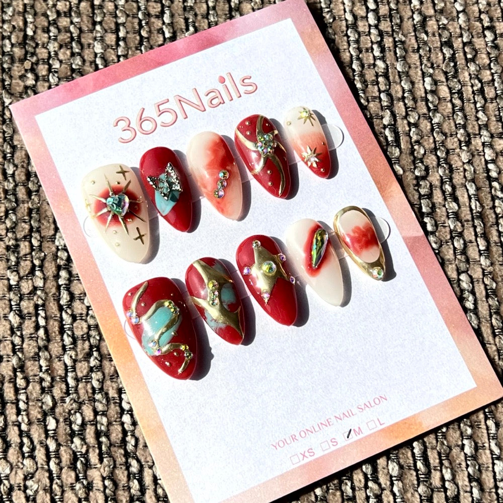 365nails: "천상 레드" – 3D 참 장식 & 그라데이션 수제 아몬드형 네일