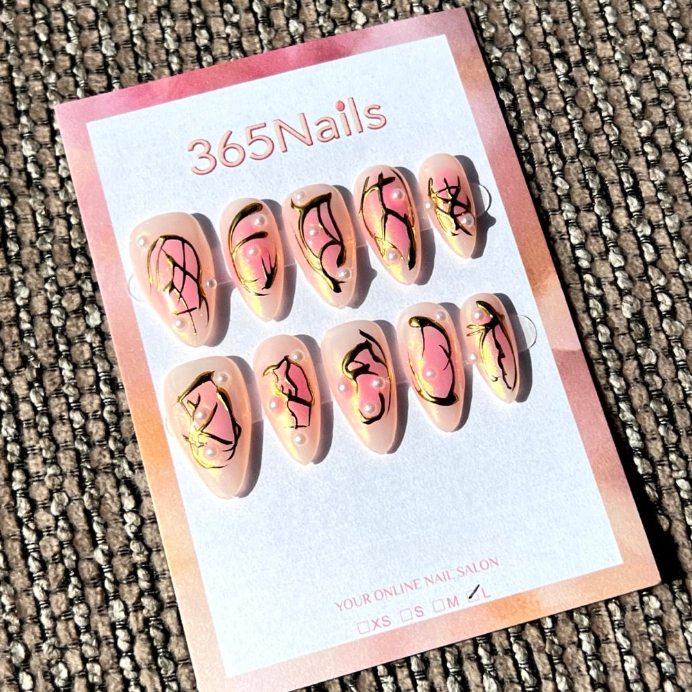 365nails: "Gilded Bloom" – Hand-Painted Floral Line Art Handmade Almond Nails