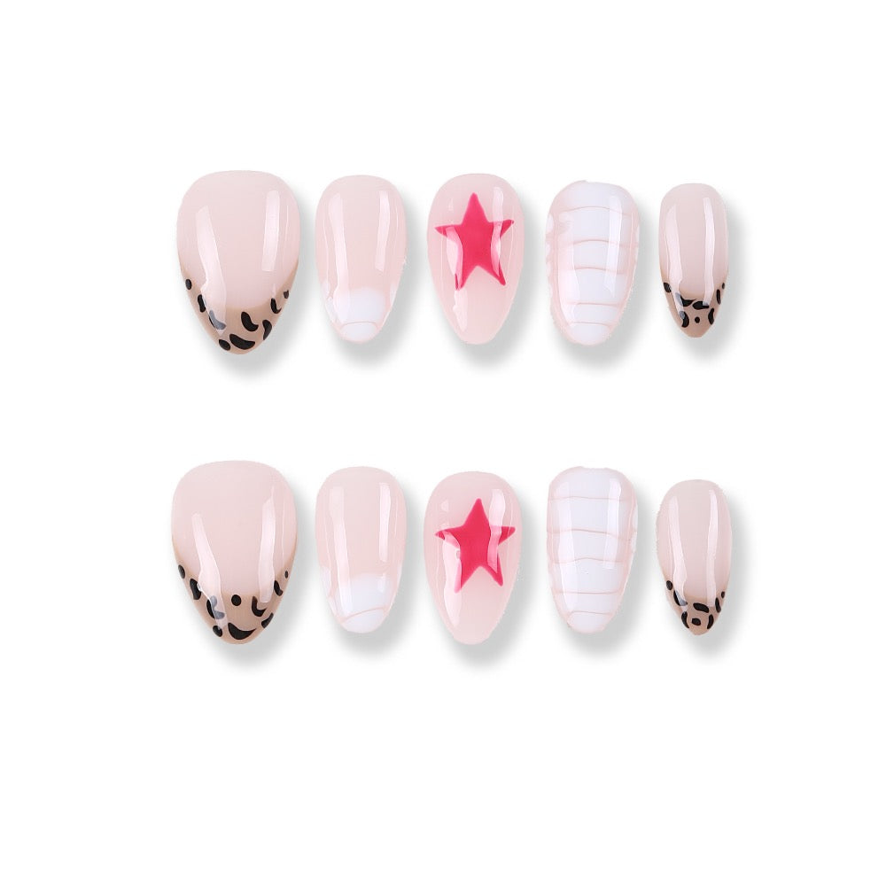 Uñas postizas francesas Sweet Leopard-Star para presionar y pegar.