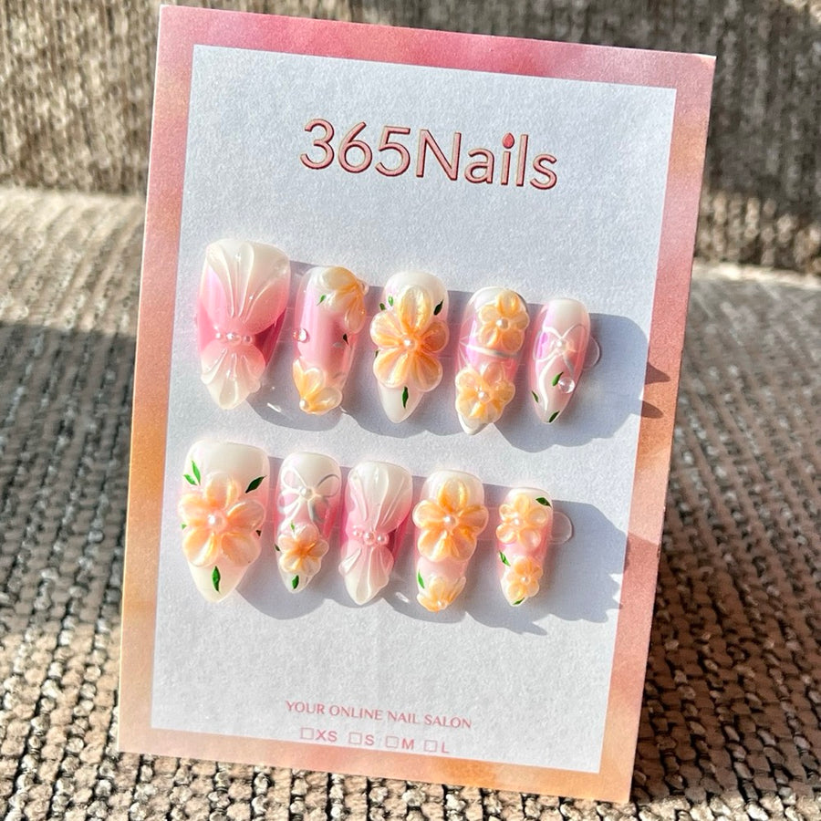 365nails: "Peach Floral Bow" – Handmade Medium Almond Press-On Nails