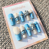 Sculpted Flora: "Denim Baroque & Silver Rose" – 3D Metallic Silver Flower & Cross Charms on Textured Denim Blue Coffin Nails