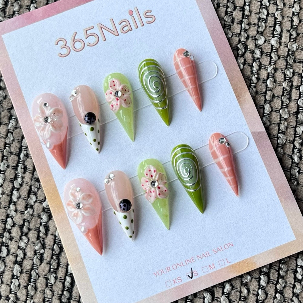 Spring Floral & Polka Dot Stiletto Press-On Nails