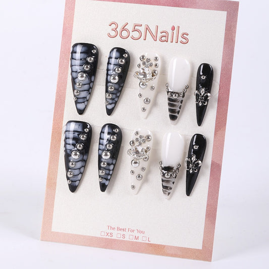 365Nails Black & White Marble Stiletto Press On Nails with Rhinestone Charms