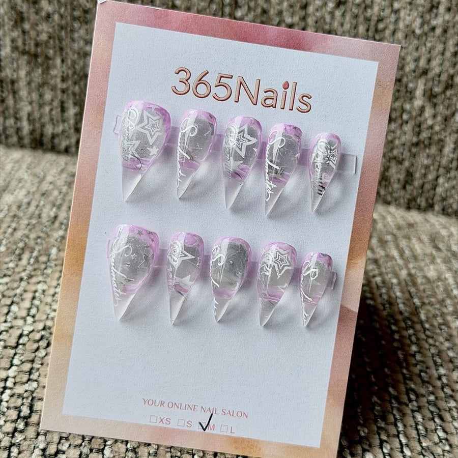 365nails: "Lavender Silver Star Script" – Silver Foil Handmade Long Stiletto Nails