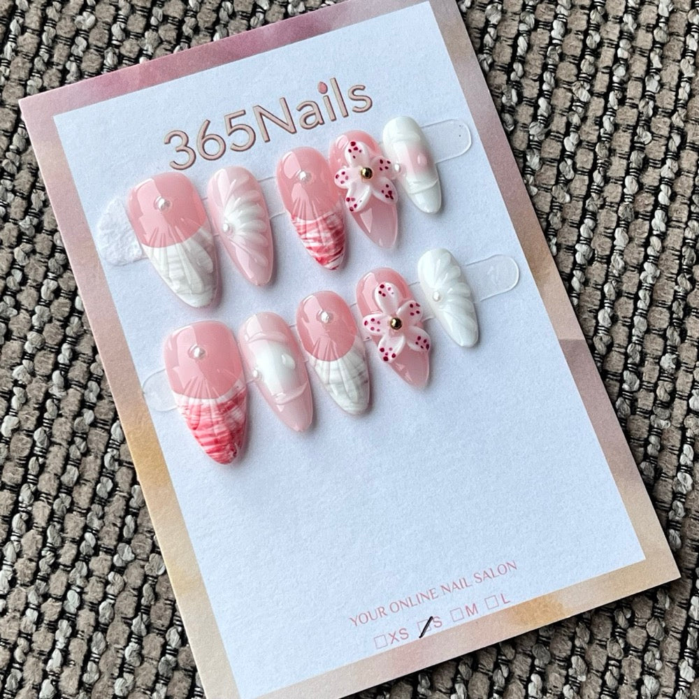 Pink & White Floral 3D Press-On Nails