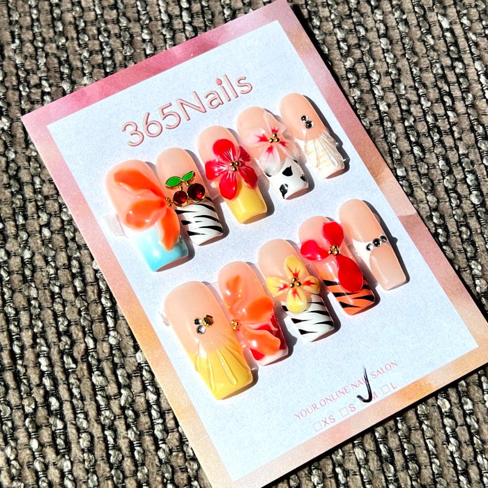 365nails: "Tropical Pop" – 3D Floral & Animal Print Handmade Almond Nails