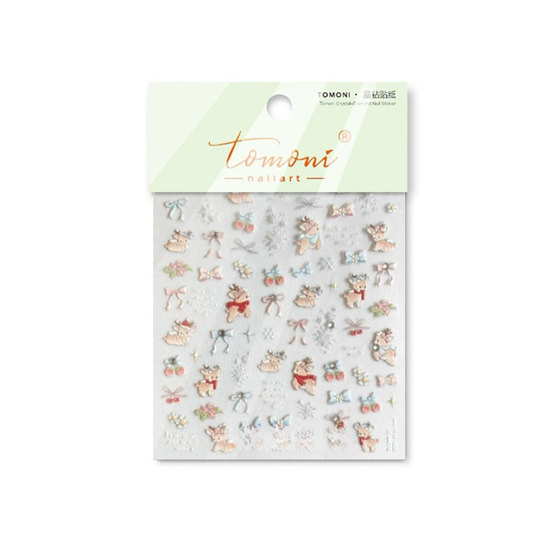 Crystal Christmas Reindeer Nail Stickers – 5D Embossed Festive Whimsy Set