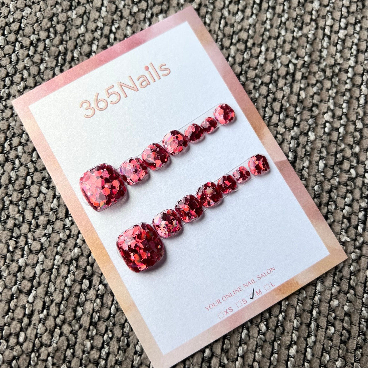 365nails: "fiery red shattered glitter" – handmade press-on pedicure