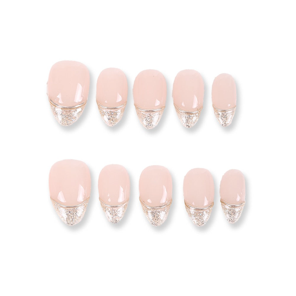 365Nails Sheer Nude Pink with Champagne Glitter Half‑Moon French – Elegant Short Squoval Press‑On Nails