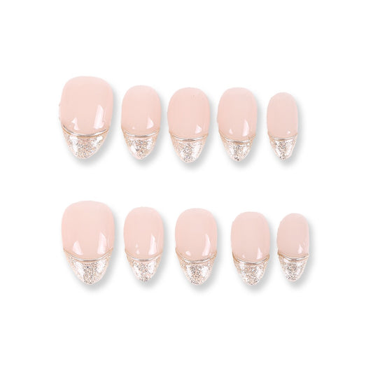365Nails Sheer Nude Pink with Champagne Glitter Half‑Moon French – Elegant Short Squoval Press‑On Nails