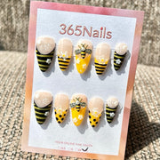 365nails: "Honey Bee 3D Flower Stripe" – Handmade Medium Stiletto Press-On Nails