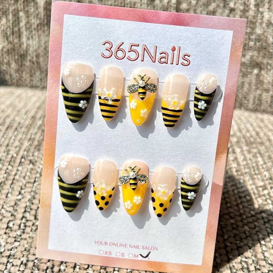 365nails 허니비 3D 꽃 스트라이프 수제 미디엄 스틸레토형 프레스온 네일