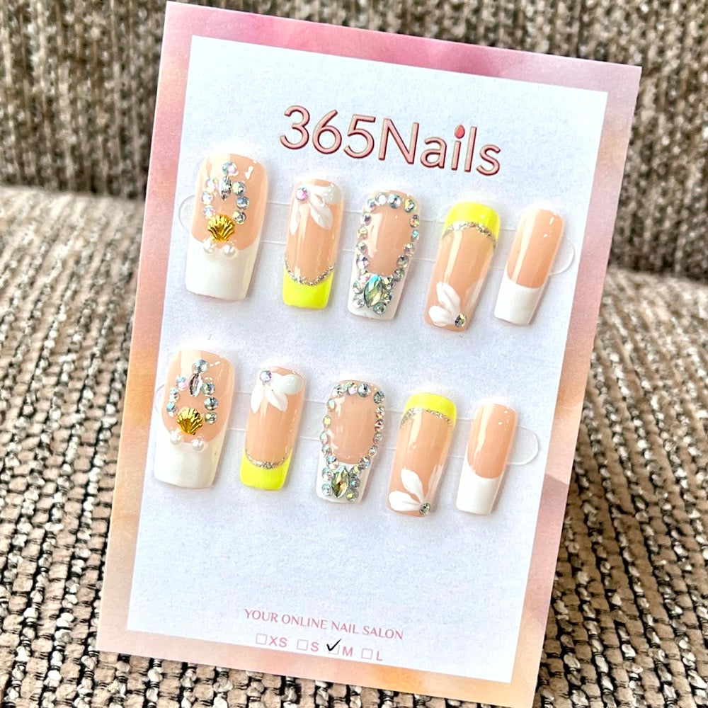 "Néon manucure française cristal coquillage" - Vente en gros, ongles faits main ultra-doux à ajustement flexible (MOQ=100)