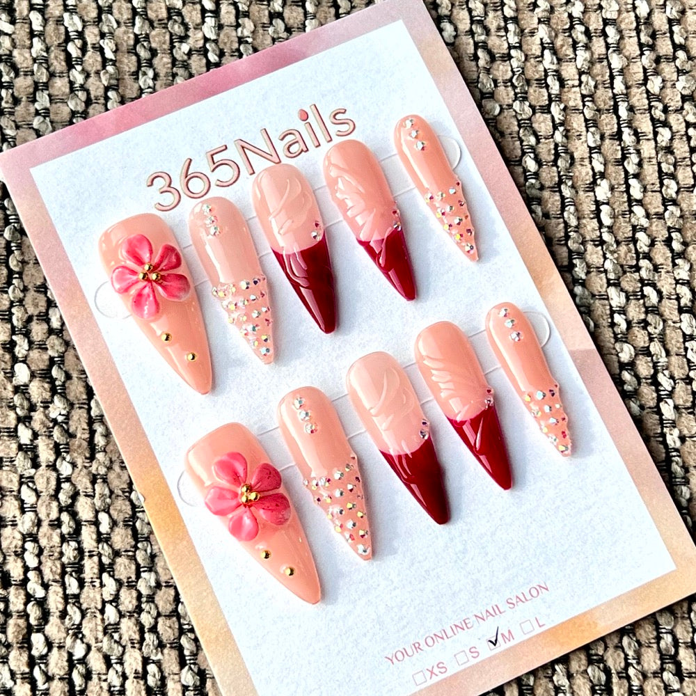 "Crimson Floral & Rhinestone" - Wholesale Ultra-Soft Flexible Fit Handmade Nails (MOQ=100)