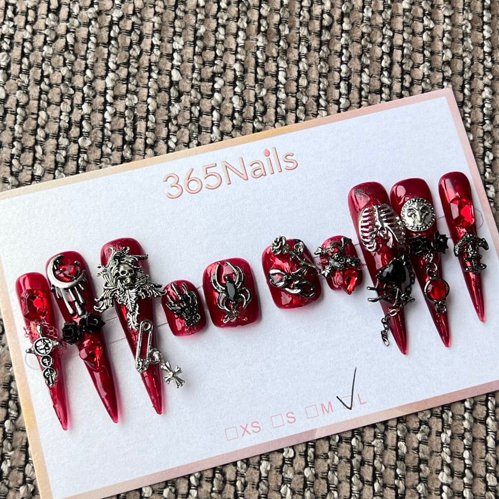 365nails: 고딕 레드 해골·거미·스켈레톤 수제 프레스온 네일
