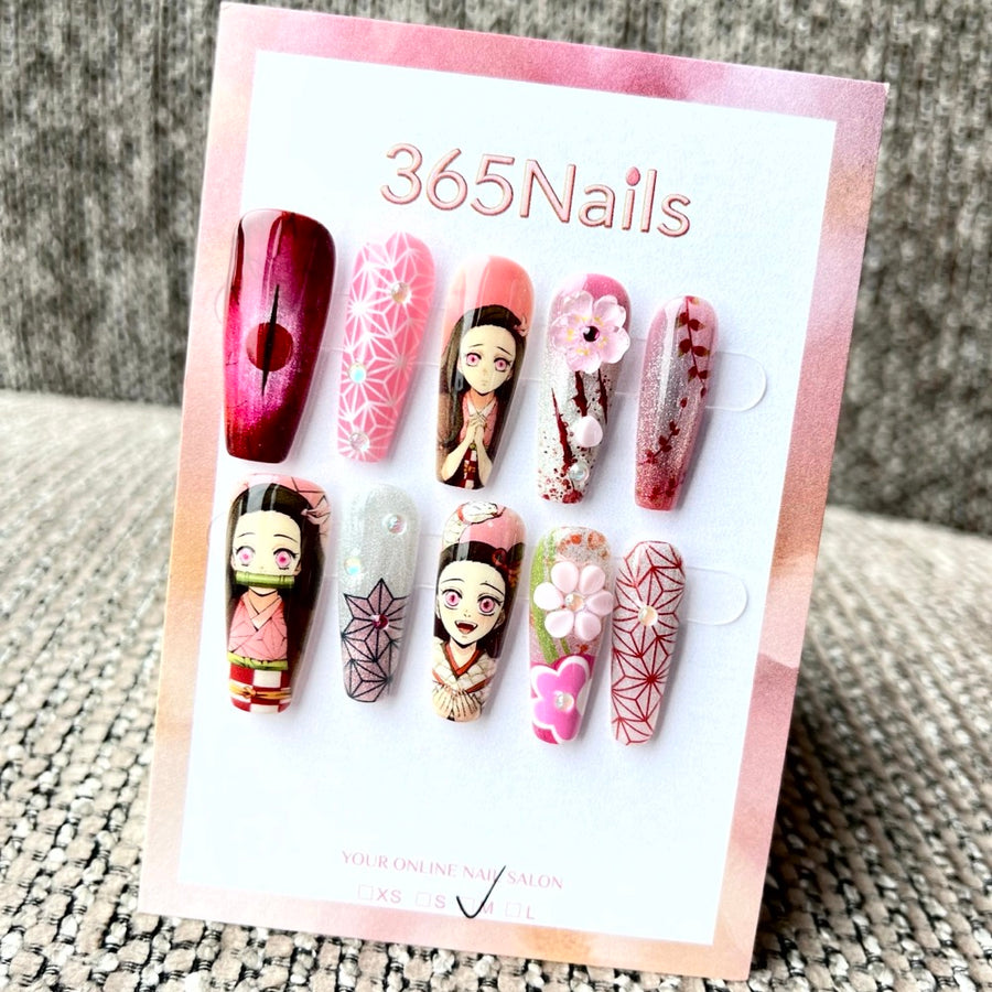365nails: "Demon Slayer Nezuko" – 수제 미디엄 사다리꼴형 프레스온 네일