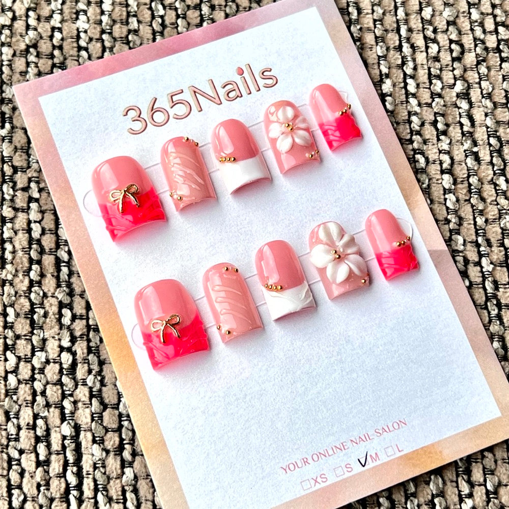 "Pink Red Gradient Bow Flower" - Wholesale Ultra-Soft Flexible Fit Handmade Nails (MOQ=100)
