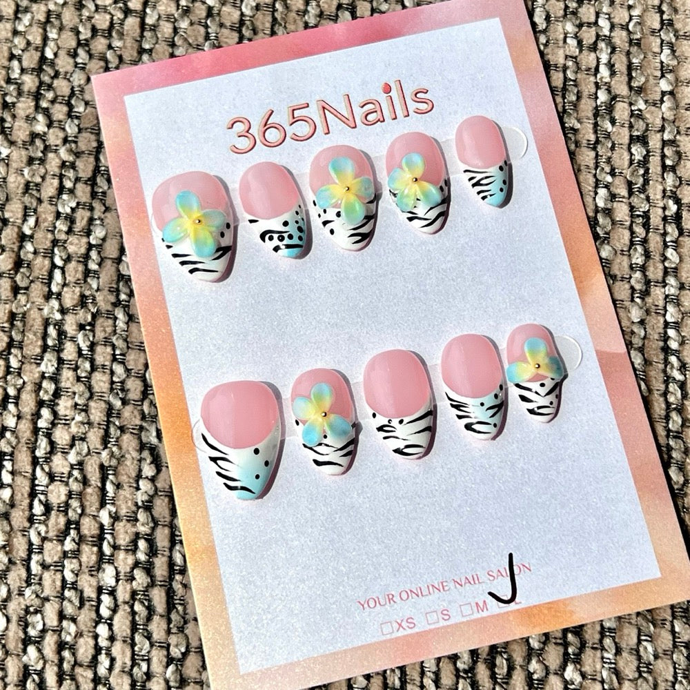 365nails: "Blush Pink Zebra Plumeria Mix" – Handmade Medium Stiletto Press-On Nails