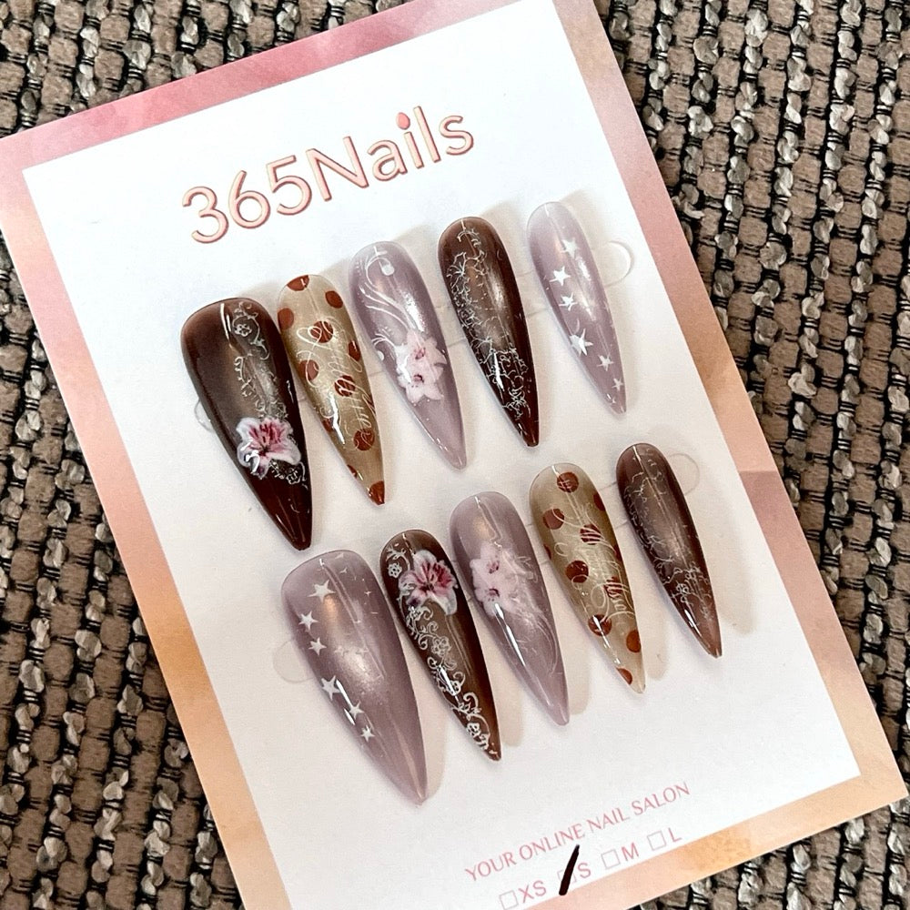 Cocoa Blossom - Brown Pink Floral Pointed Press-On Nails