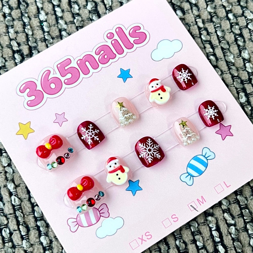 365nails: "Festive Snowman Delight" – 3D Character & Snowflake Handmade Short Square Nails