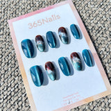 Ethereal Ink: "Deep Sea Amber" – Deep Teal Cat Eye & Amber Brown Marble with White Foam Oval Nails