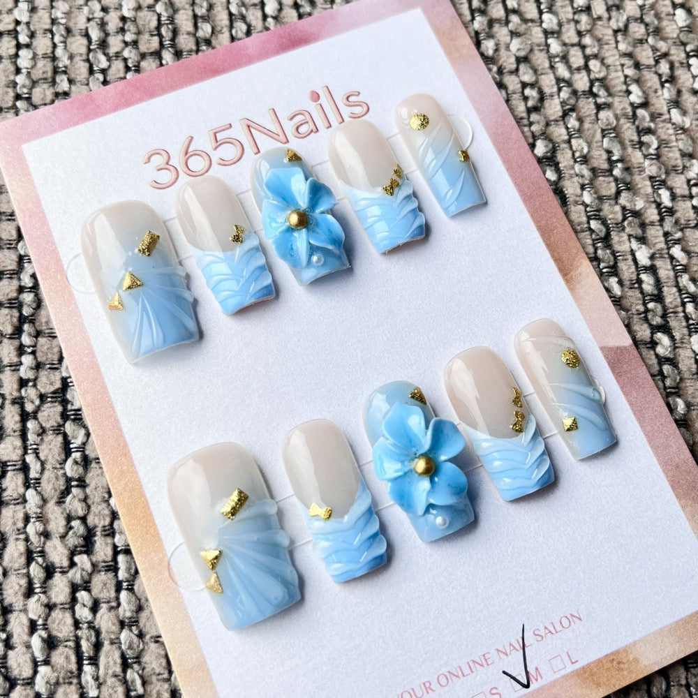 365nails: "Brisa Azul" – Unhas Quadradas Florais 3D Feitas à Mão