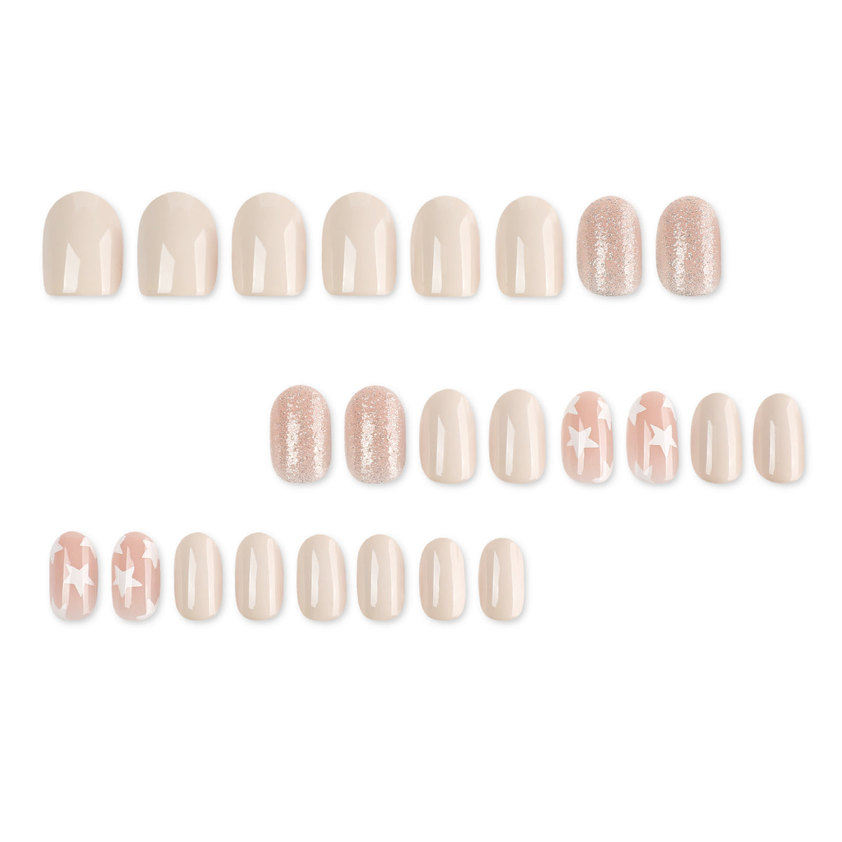 Full set of 24 press-on nails laid out in rows: glossy nude, rose glitter, and pink nails with white stars
