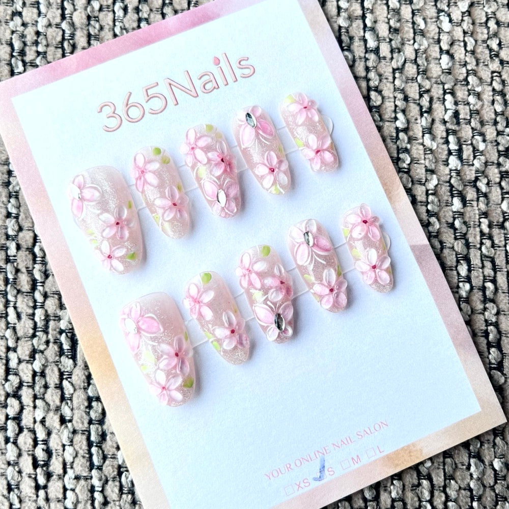 365nails: "Cherry Blossom Dream" – 3D Floral Handmade Medium Almond Nails