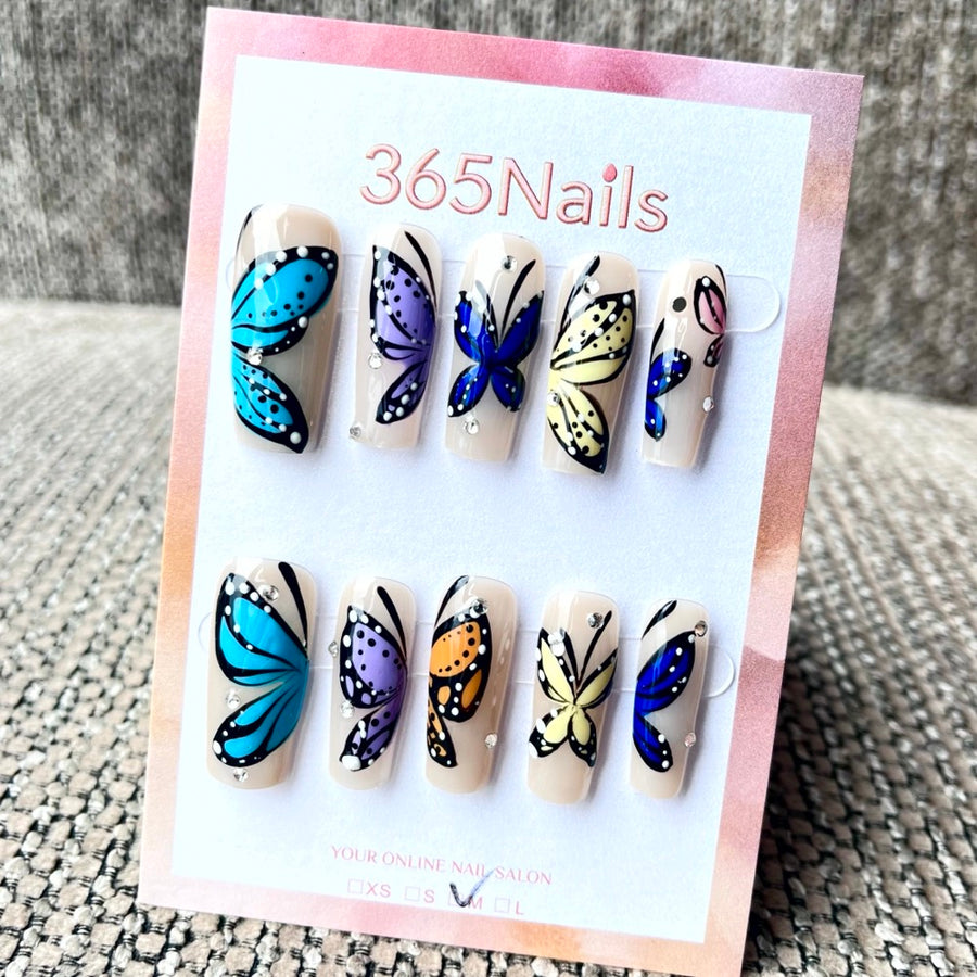 365nails: "Prismatic Wings" – Hand-Painted Butterfly Art Handmade Coffin Nails