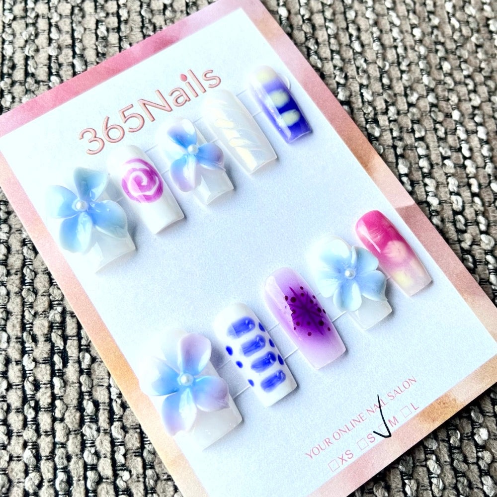 365nails：「夢幻綻放」—3D 花卉與抽象設計 手工製 杏仁形 穿戴甲
