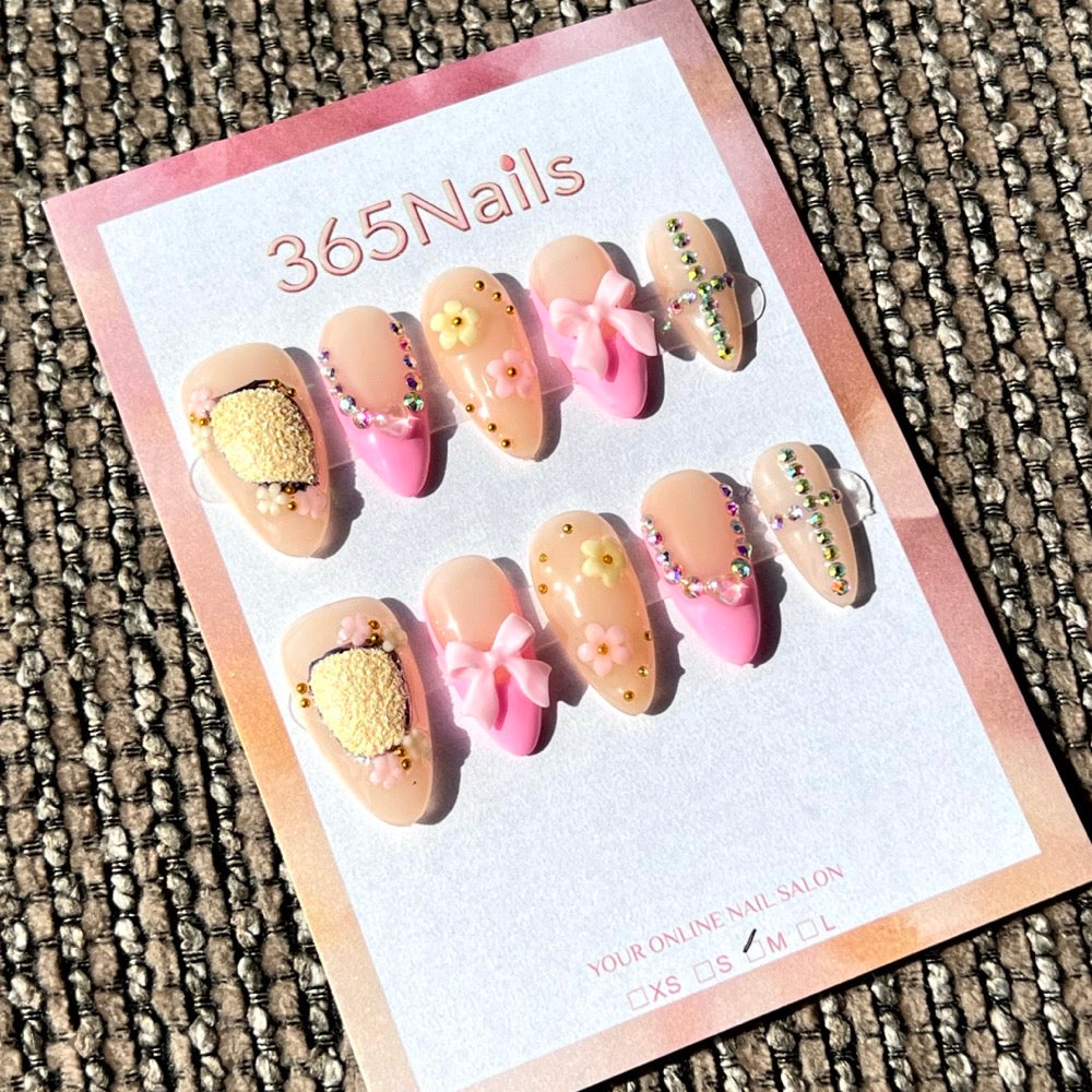 365nails: "Sweetheart's Garden" – 3D Bow & Heart Handmade Almond Nails