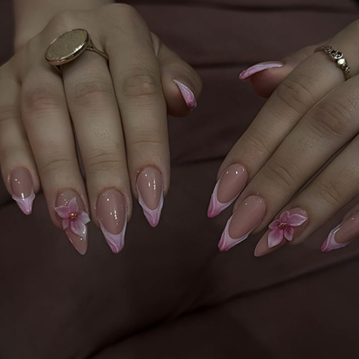 3D French Floral Glossy Pink White Almond Short Press On Nails – Design 65
