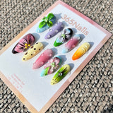Handmade Tropical Y2K 3D Flower Press-on Nails | Mixed Color Stiletto | Retro Floral & Dewdrops