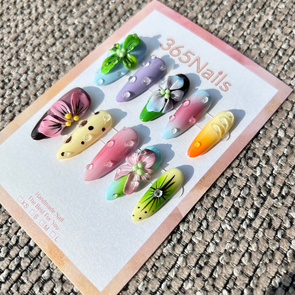 Handmade Tropical Y2K 3D Flower Press-on Nails | Mixed Color Stiletto | Retro Floral & Dewdrops
