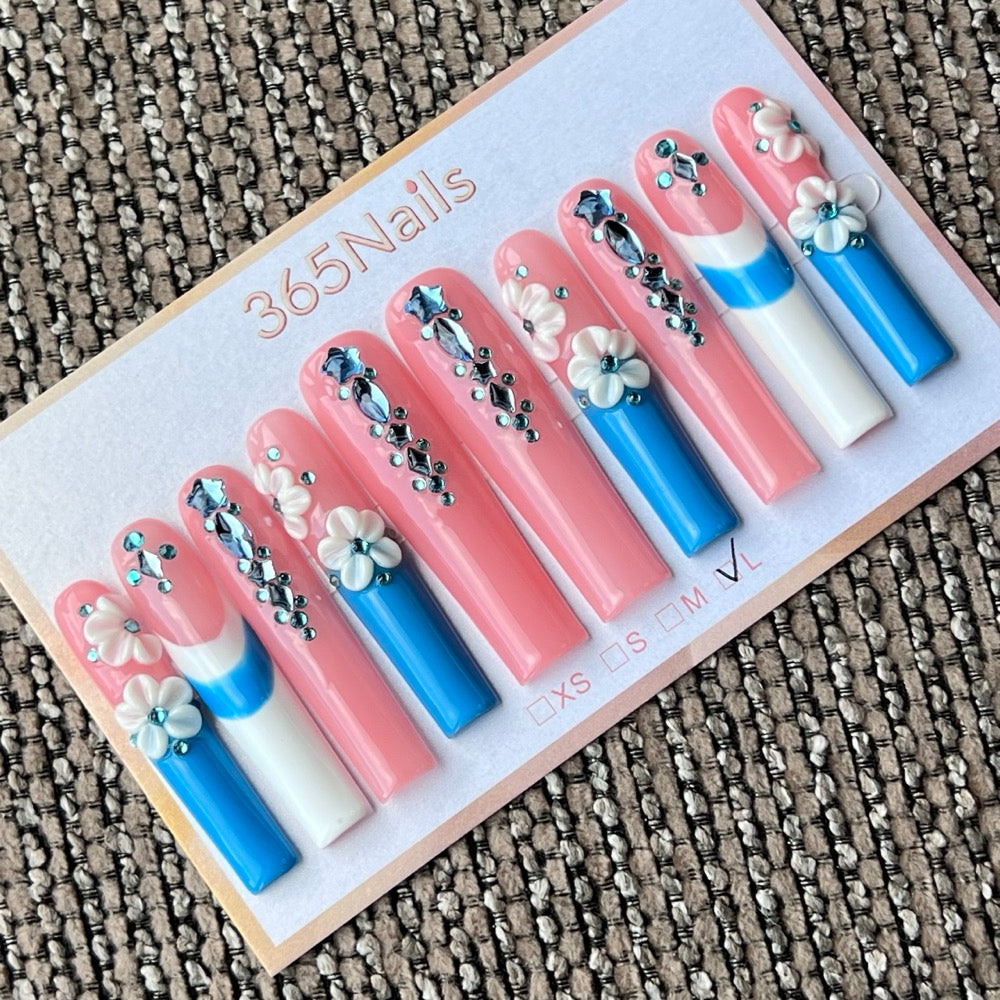 365nails: "Cerulean Garden" – 3D Floral & Color Block Handmade Coffin Nails