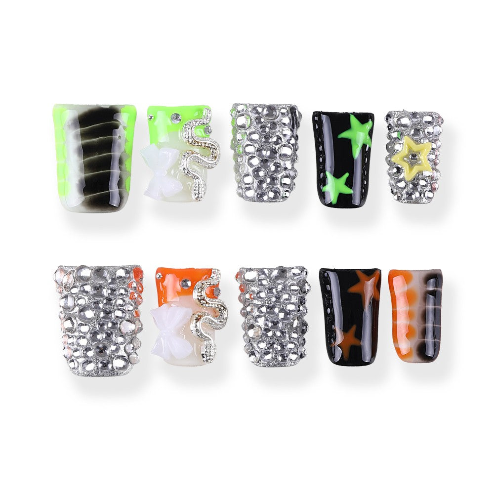 Neon Star Snake Silver Bead Flashing Square Short press on nail