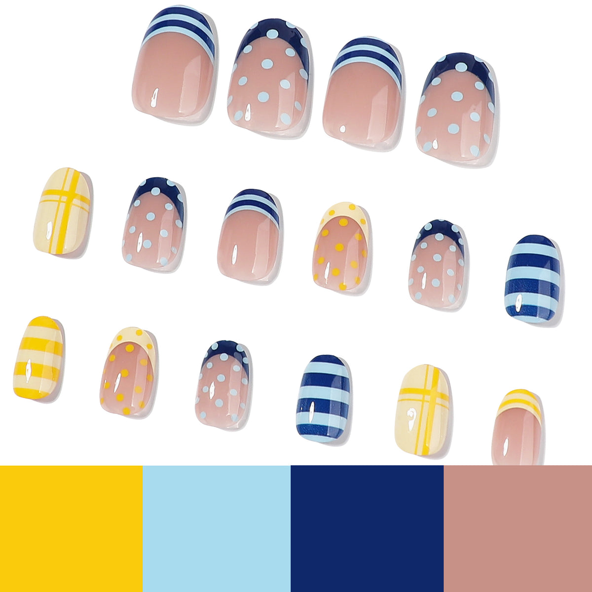 Press-on nail assortment displayed above a yellow, light blue, navy and pink color palette