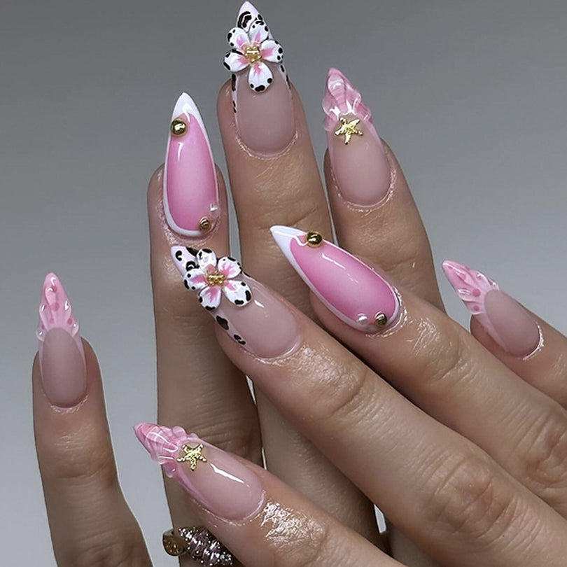 3D French Floral Glossy Pink White Almond Short Press On Nails – Design 3