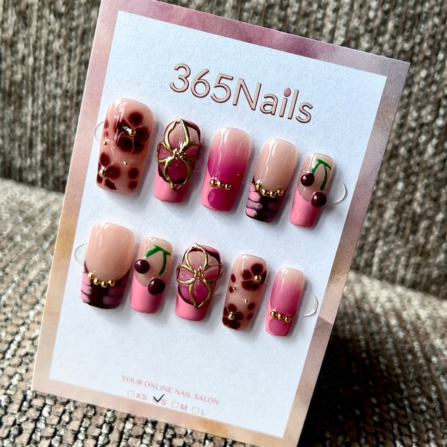 Burgundy Relic - Wine Gold 3D Floral Press-On Nails