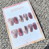 Ethereal Ink: "Rosy Mist" – Dusty Mauve Pink Cat Eye & White Cloud Marble with Gold Foil Oval Nails