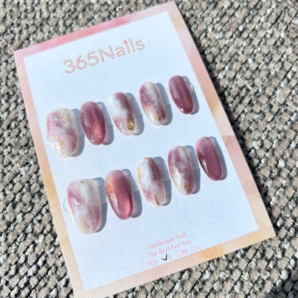 Ethereal Ink: "Rosy Mist" – Dusty Mauve Pink Cat Eye & White Cloud Marble with Gold Foil Oval Nails