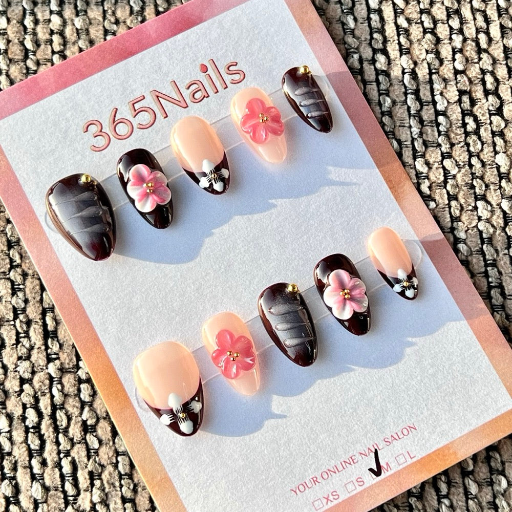 365nails: "Nude Brown Flower Wave 3D" – Handmade Short Almond Press-On Nails