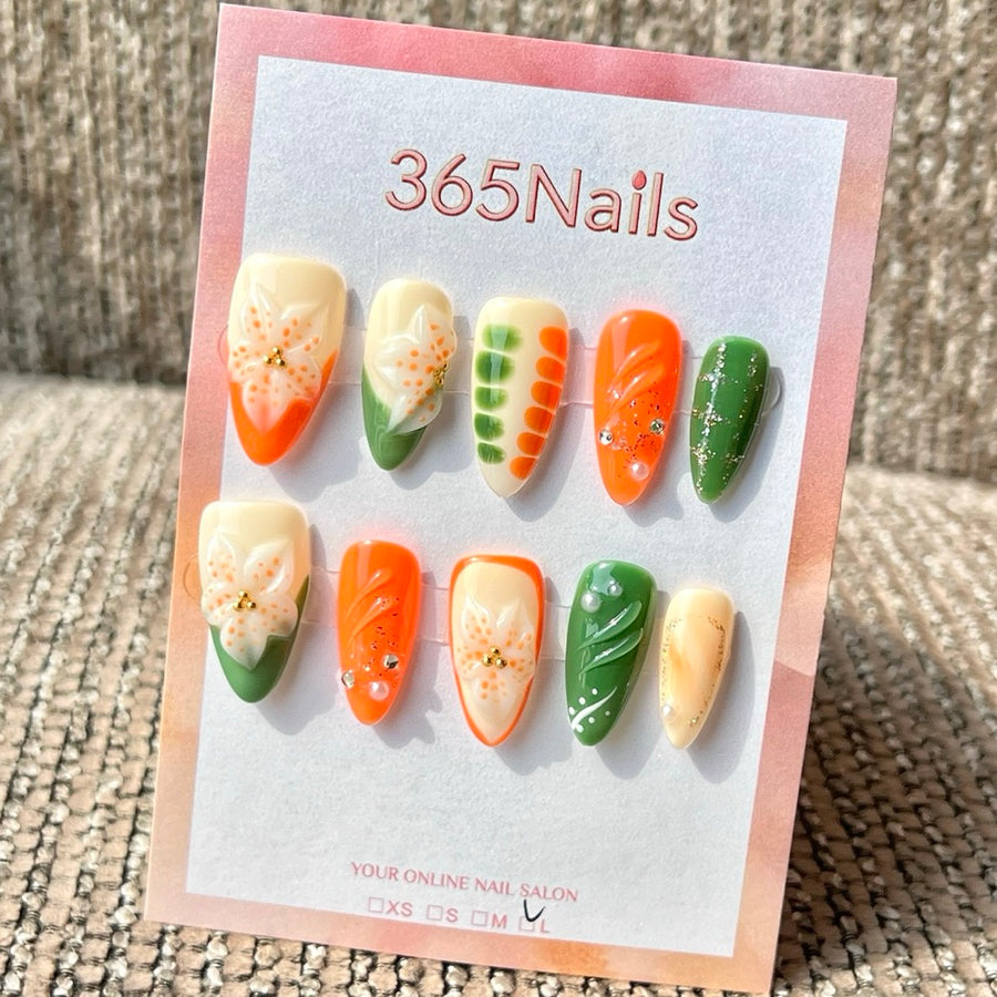 365nails: "Orange Green Lily Carrot 3D Mix" – Handmade Medium Stiletto Press-On Nails