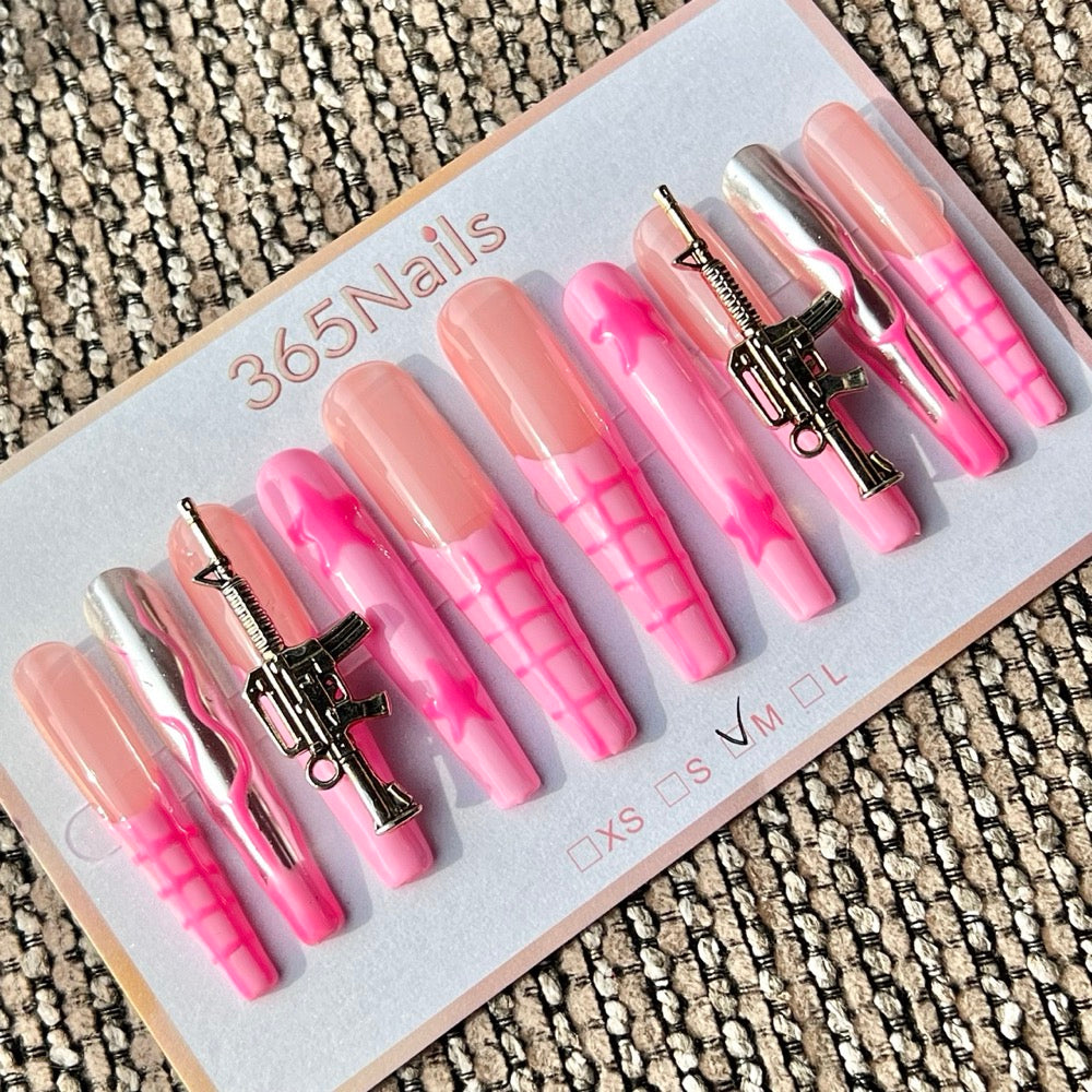 365nails 수제 핑크 건메탈 스타 롱 스틸레토형 프레스온 네일