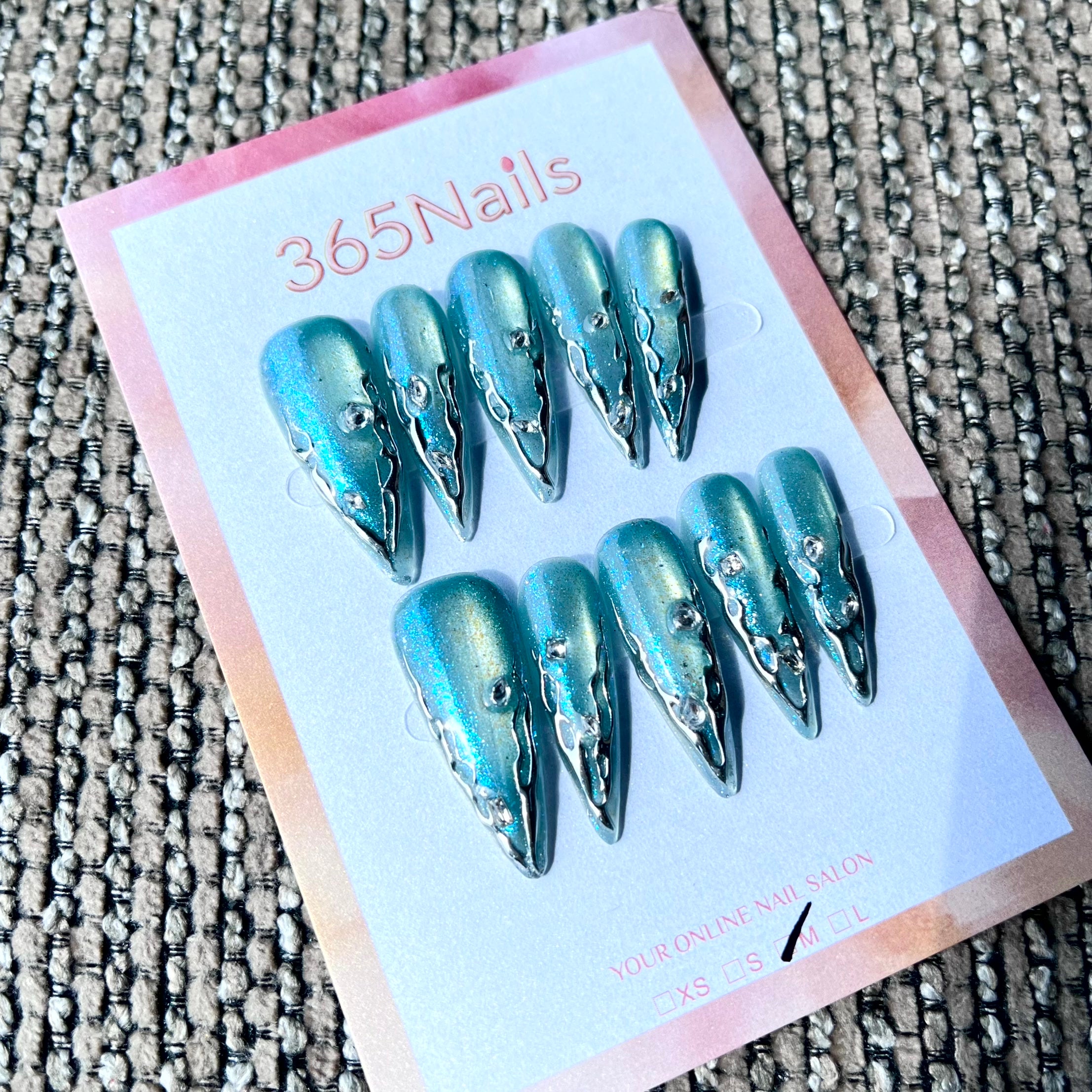 365nails: "Aqua Chrome Drip Stiletto" – Handmade Long Sharp Stiletto Nails