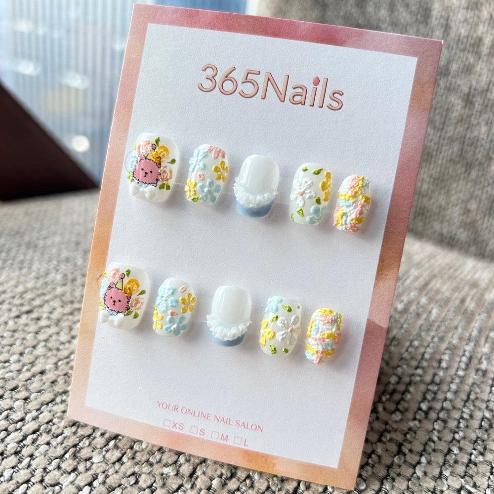 Sweet & Dopamine: "Oil Painting Garden" – 3D Textured Floral, Pink Bear & Pastel Blue French Short Nails