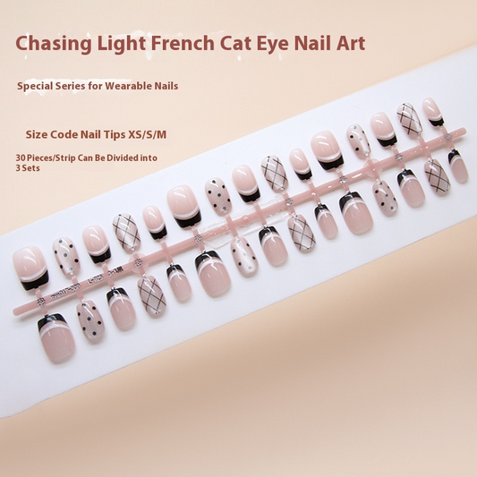 Nail Tips  Prefabricated Nail Black French Polka Dot Plaid cat eye Fashion White Versatile  Nail Patch｜365nails