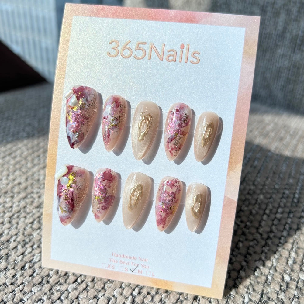 Ethereal Ink: "Gilded Berry" – Mauve Marble & Beige Cat Eye with Shells & Liquid Gold Metal Almond Nails