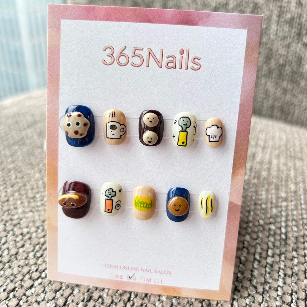 Cartoon & Dopamine: "Morning Bakery" – 3D Cookie & Bread, Coffee Cup & Hand-Drawn Chef Doodles Short Nails