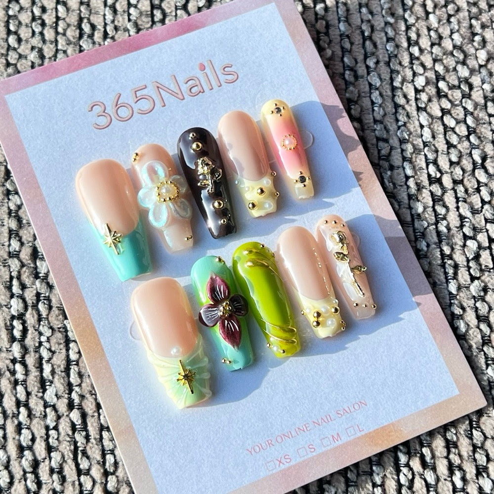 365nails: "Spring Floral Gold" – Handmade Medium Square Press-On Nails